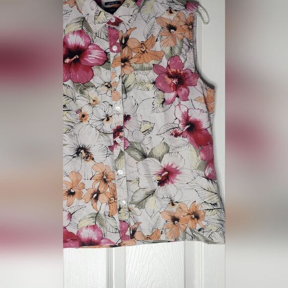Izod 14 PinkOrange LightGray Slvless FloralPrint 100% SILK ButtonsUp Women Shirt - Picture 4 of 6